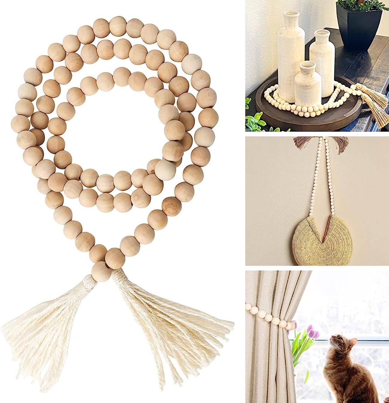Boho Decor Wood Beads Garland, 58 Inch Wooden Beads for Farmhouse Home Decor with Tassels - Image 10