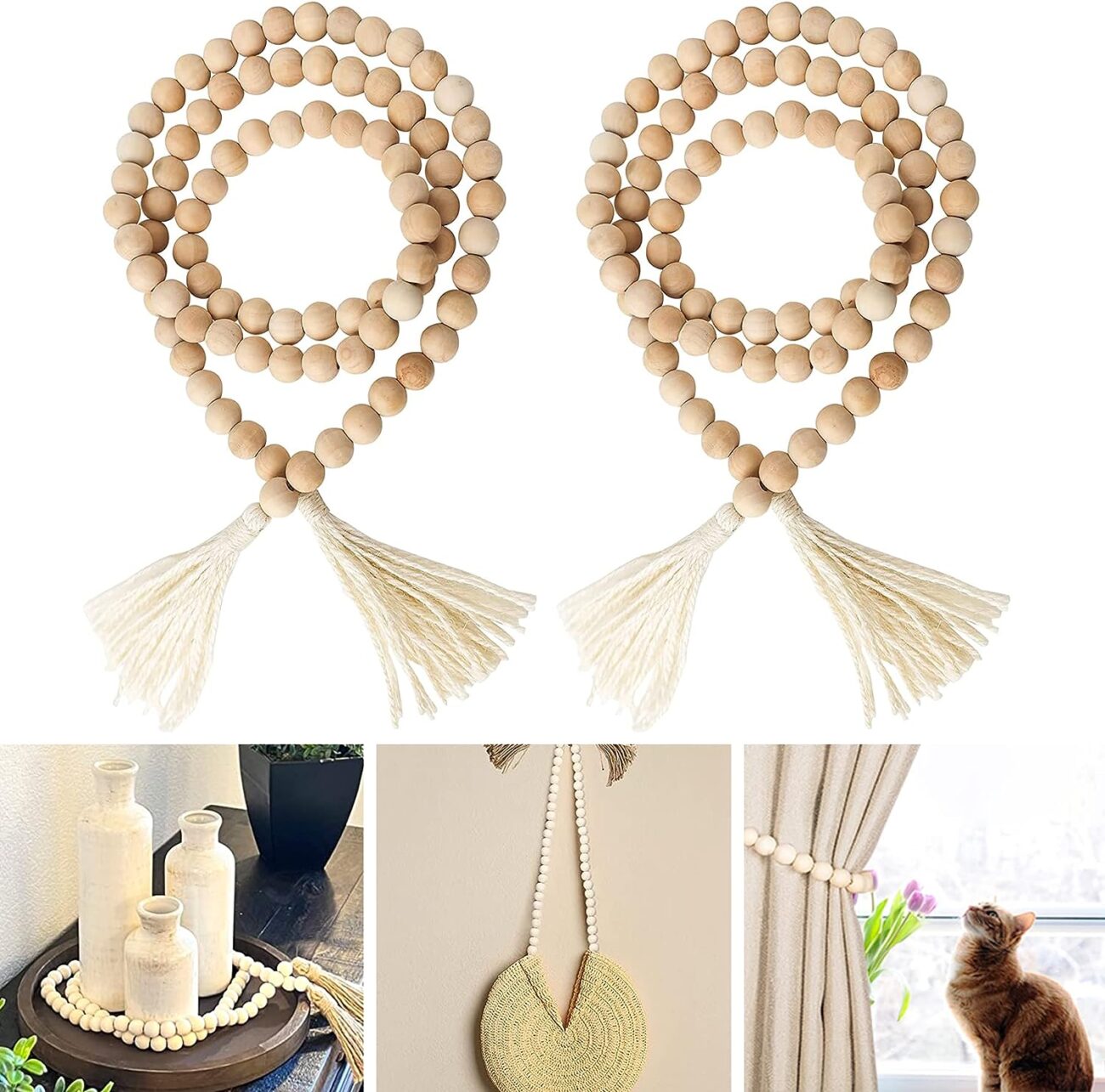Boho Decor Wood Beads Garland, 58 Inch Wooden Beads for Farmhouse Home Decor with Tassels