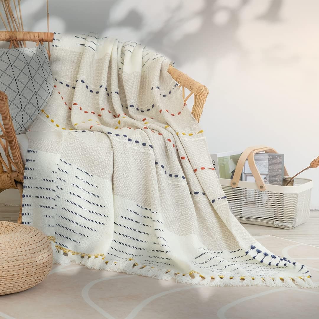 Boho Throw Blanket, Bohemian Colorful Striped Blanket with Tassels Decorative Woven Textured, Soft Cozy Lightweight Blanket 50x60 - Image 3