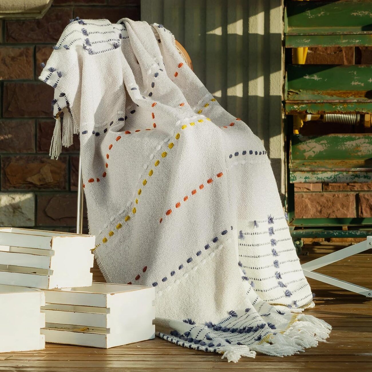Boho Throw Blanket, Bohemian Colorful Striped Blanket with Tassels Decorative Woven Textured, Soft Cozy Lightweight Blanket 50x60