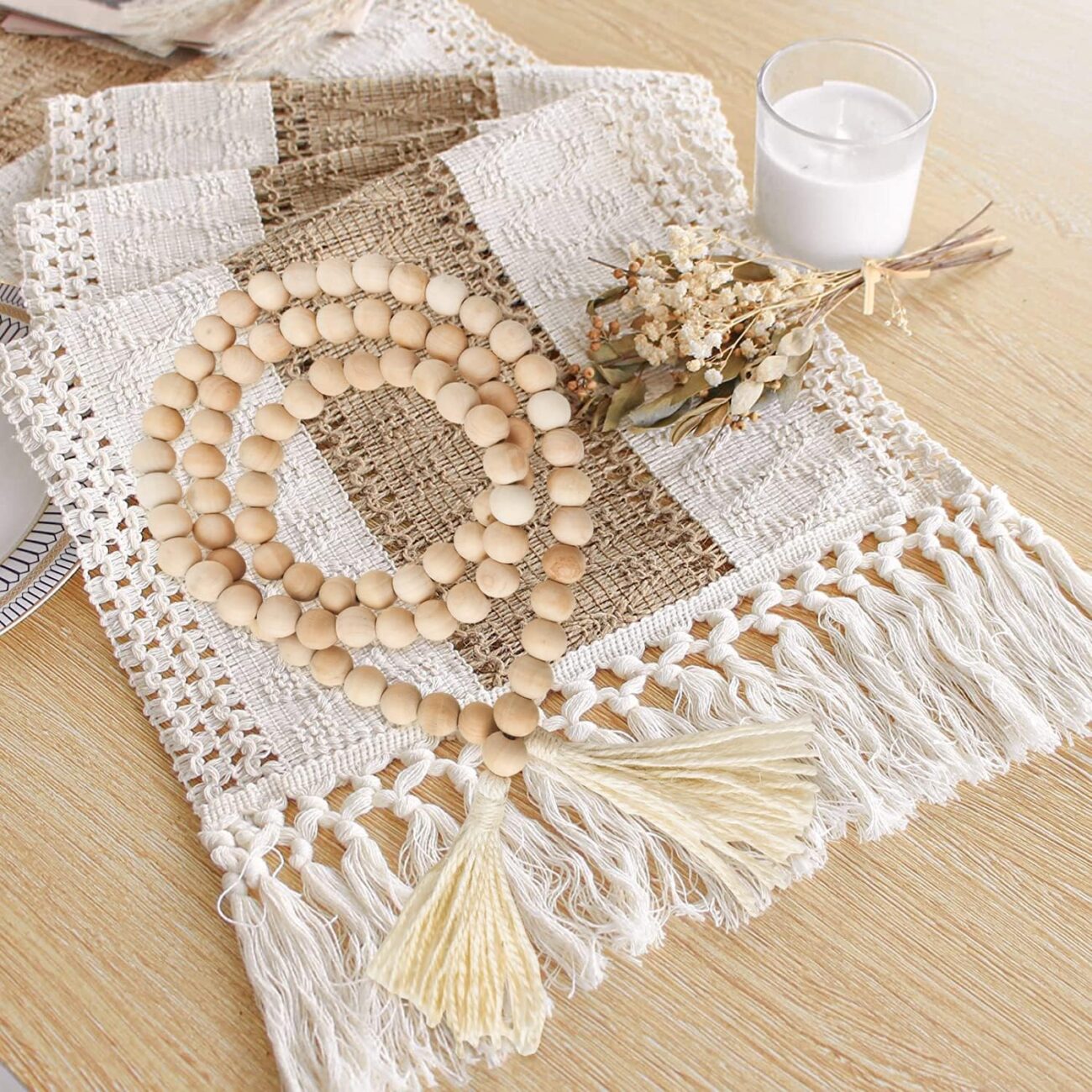 Boho Decor Wood Beads Garland, 58 Inch Wooden Beads for Farmhouse Home Decor with Tassels - Image 6