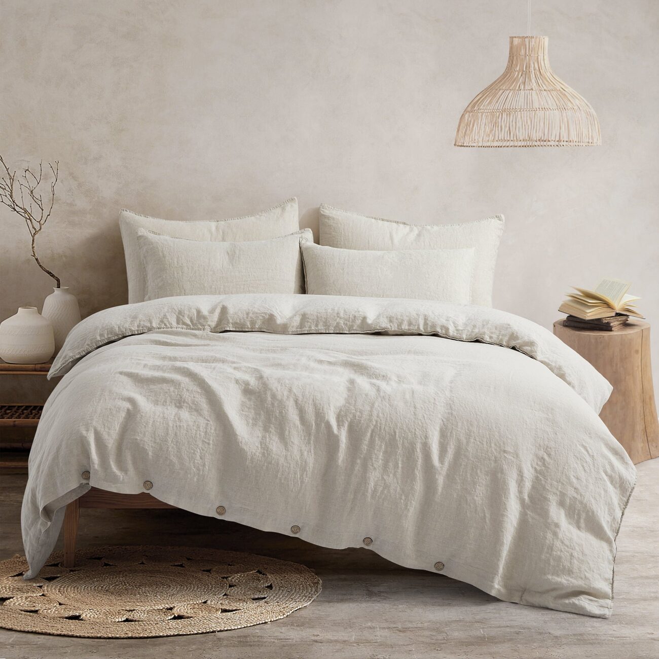Bedding Duvet Cover Set Linen - 100% French Flax Washed Comforter Cover Set of 3 ,Queen & King, Natural & white