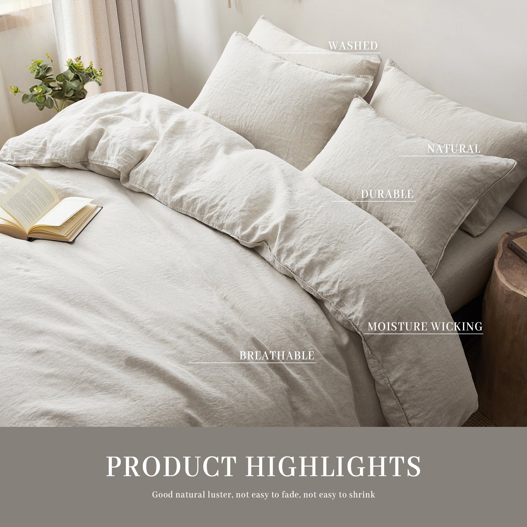 Bedding Duvet Cover Set Linen - 100% French Flax Washed Comforter Cover Set of 3 ,Queen & King, Natural & white - Image 6