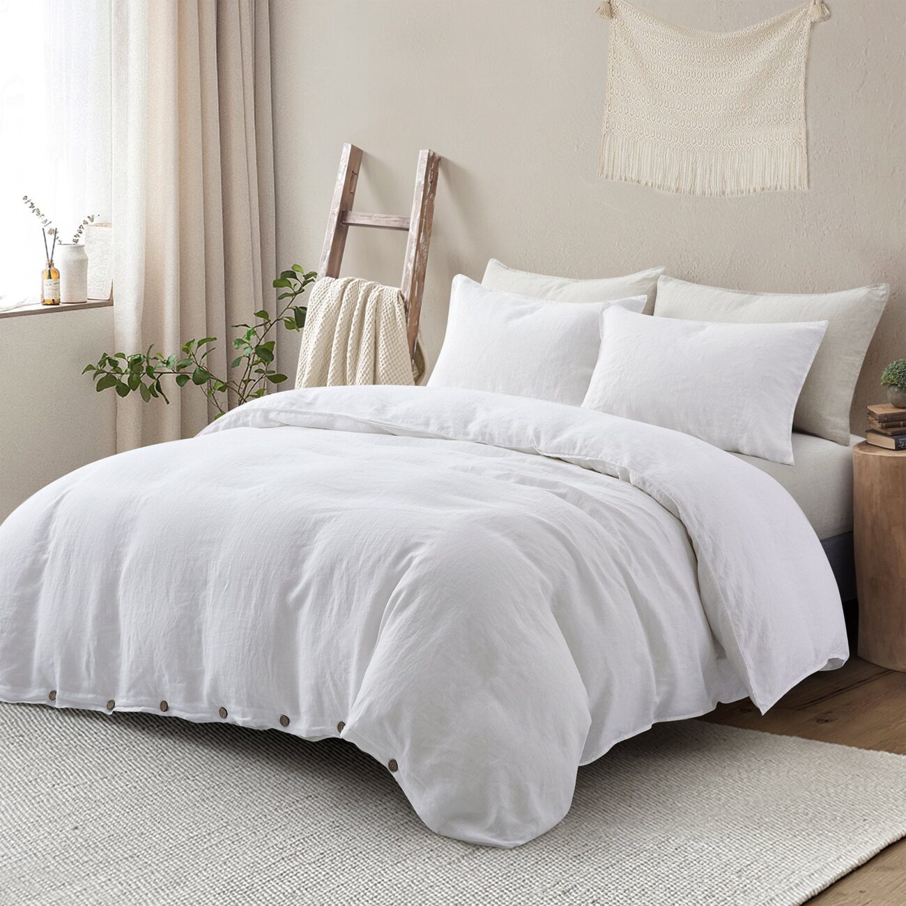 Bedding Duvet Cover Set Linen - 100% French Flax Washed Comforter Cover Set of 3 ,Queen & King, Natural & white - Image 10
