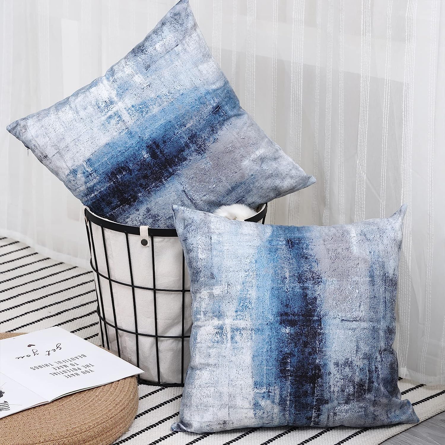 Blue and Grey Abstract Art Artwork Pillow Cover, Gallery Modern Decorative Throw Pillows - Image 5