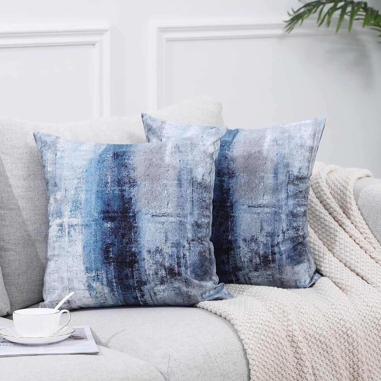Blue and Grey Abstract Art Artwork Pillow Cover, Gallery Modern Decorative Throw Pillows - Image 3