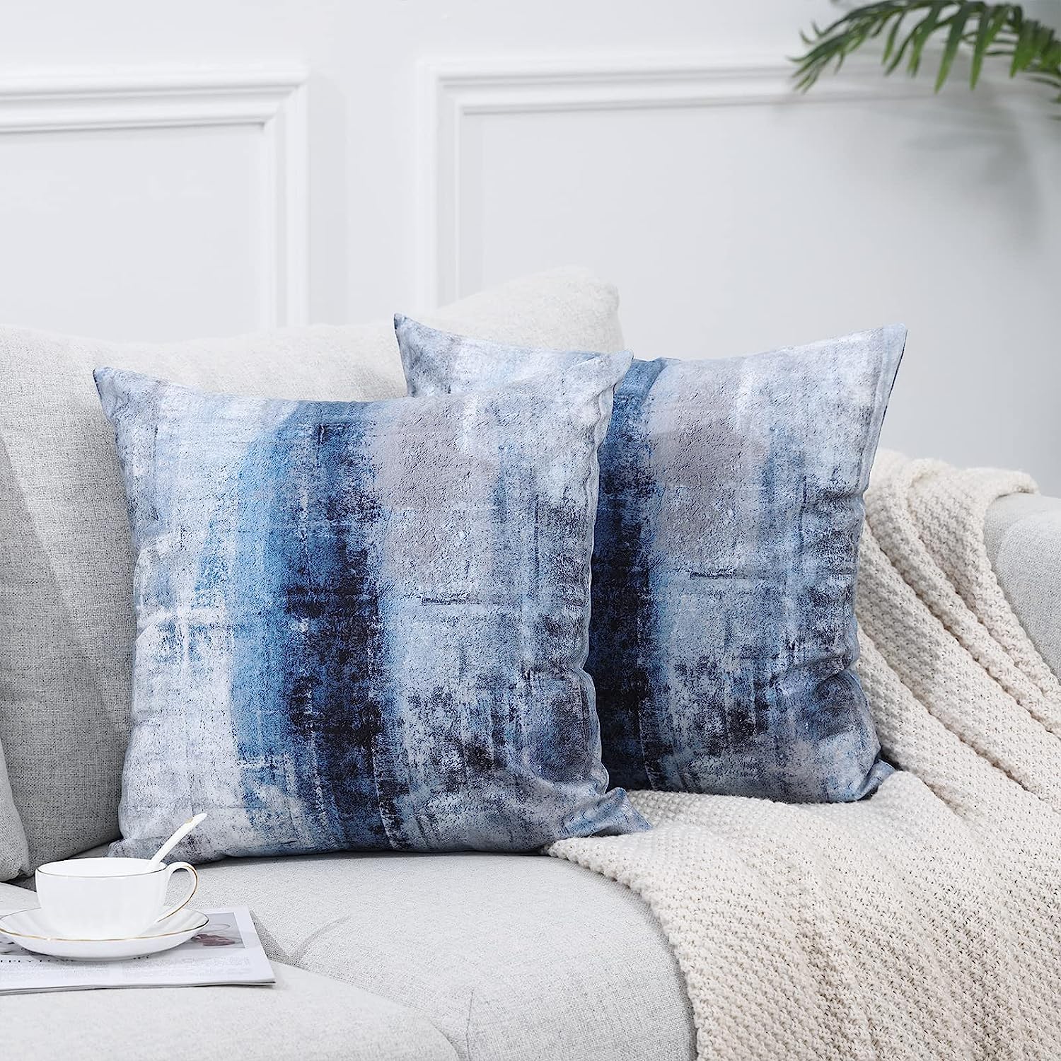 Blue and Grey Abstract Art Artwork Pillow Cover, Gallery Modern Decorative Throw Pillows - Image 3