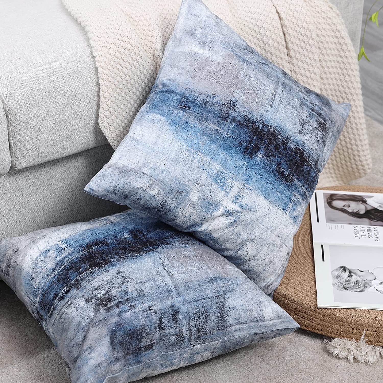 Blue and Grey Abstract Art Artwork Pillow Cover, Gallery Modern Decorative Throw Pillows - Image 4