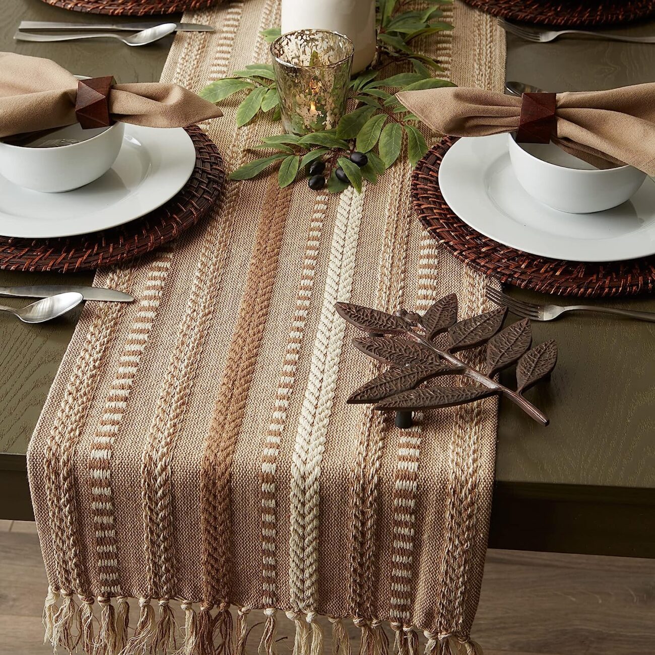 Hand Woven boho Stripe Table Runner Collection with  Fringe - Image 7