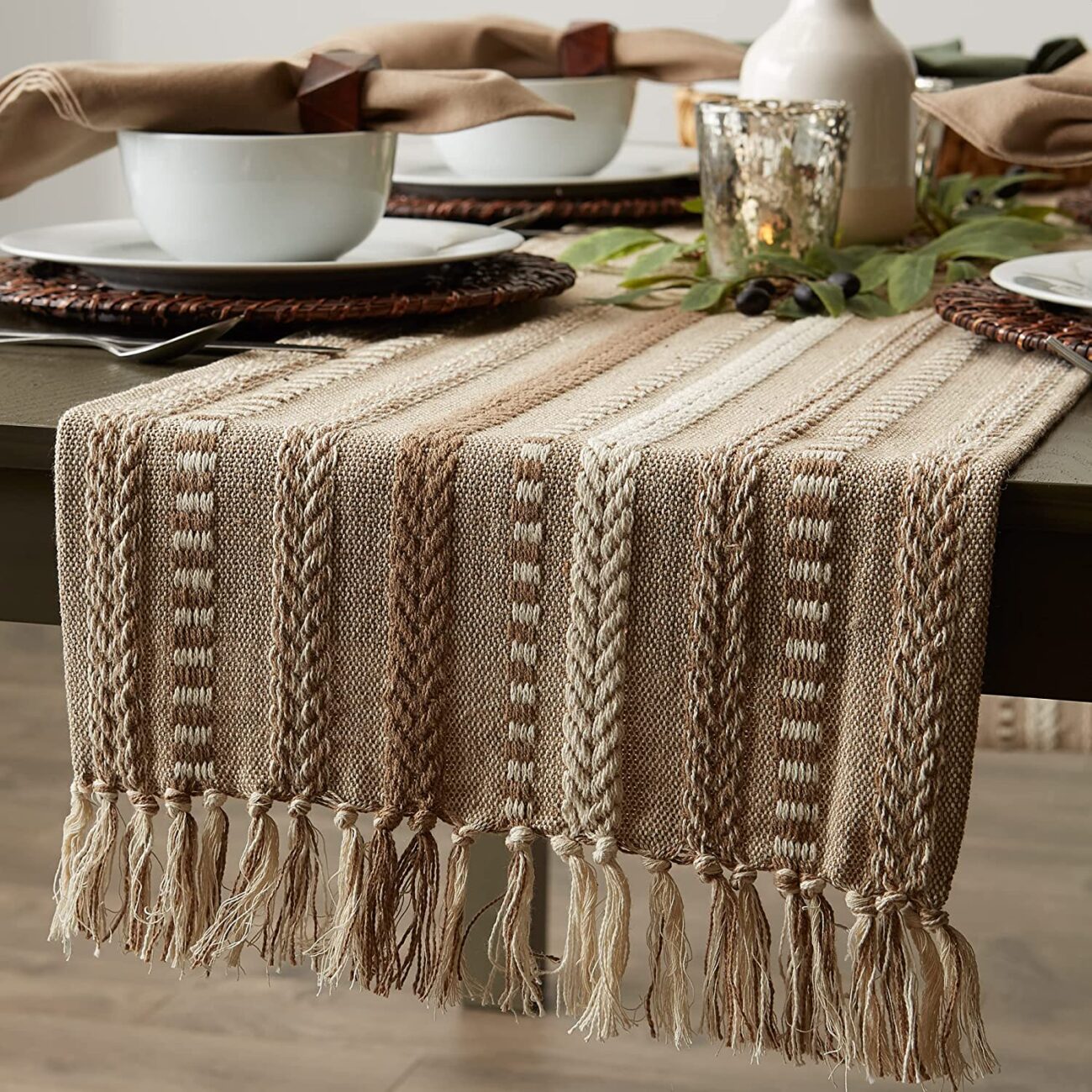 Hand Woven boho Stripe Table Runner Collection with  Fringe - Image 5