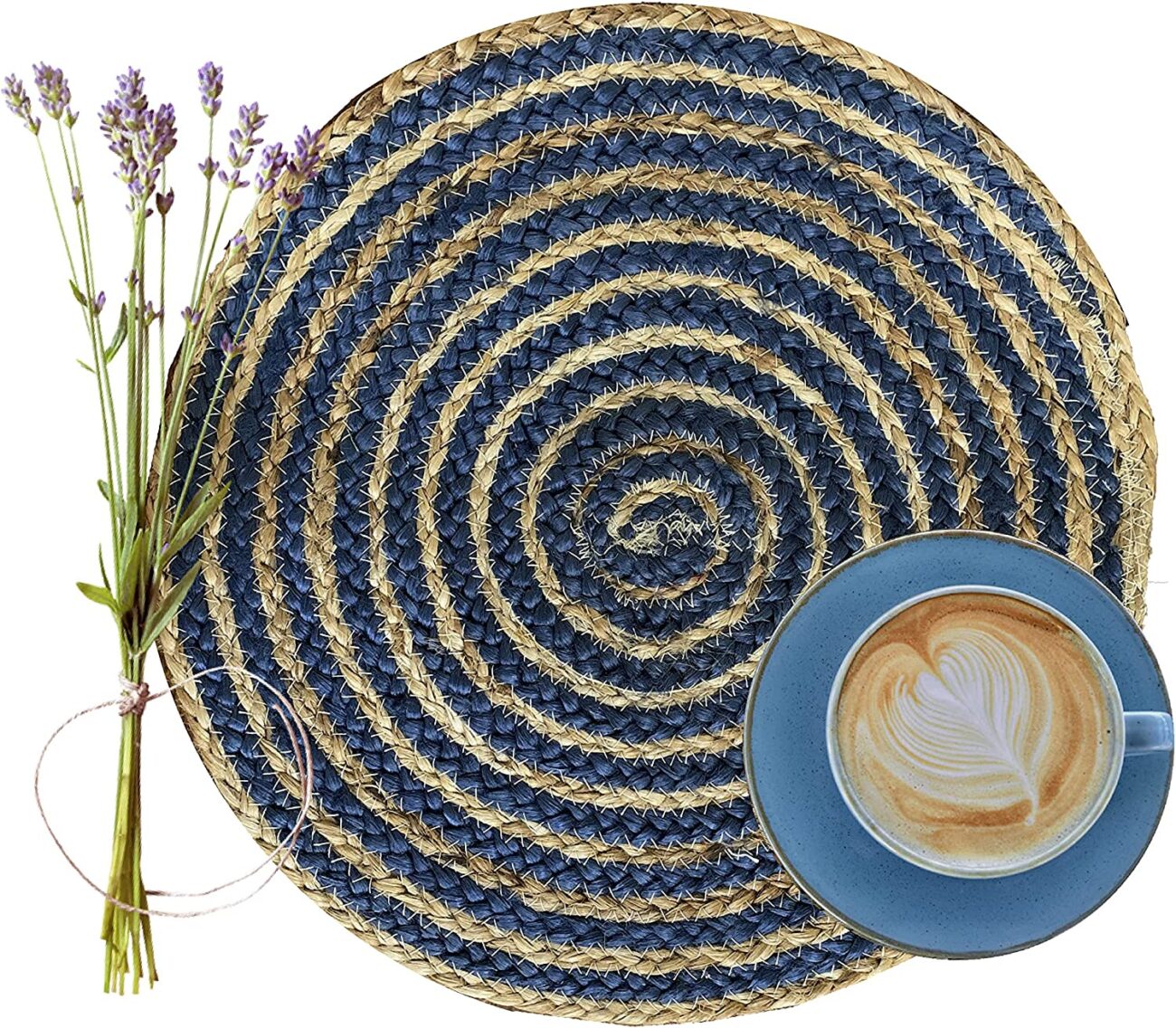Nature4u 100% Jute Hand Braided Placemat Set of 6 (14” Diameter, Natural Blue)
