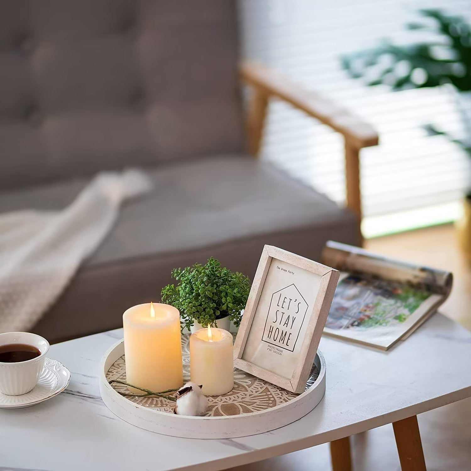 Nature4u Home Farmhouse Round Wood Decorative Tray 12 Whitewash & Vintage brown - Image 5
