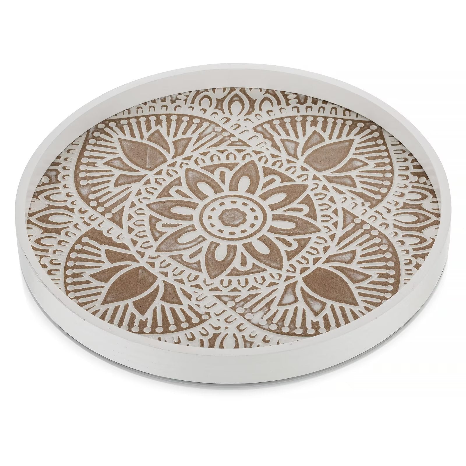Nature4u Home Farmhouse Round Wood Decorative Tray 12 Whitewash & Vintage brown