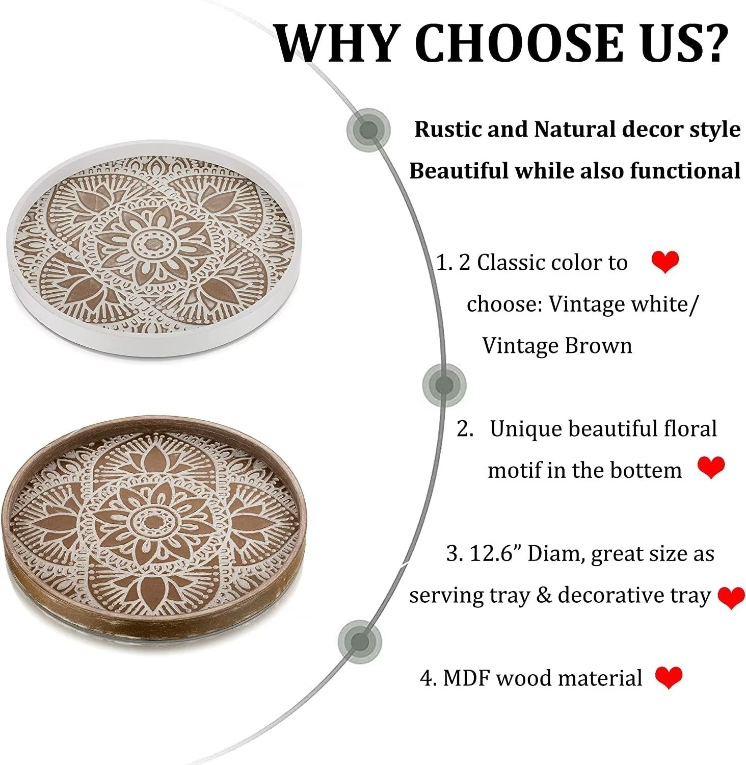 Nature4u Home Farmhouse Round Wood Decorative Tray 12 Whitewash & Vintage brown - Image 3