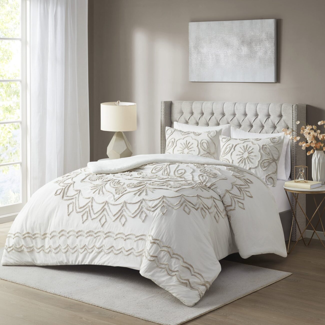 Nature4u Ivory Tufted Cotton Chenille 3 Piece Duvet Cover Set, Full/Queen & King - Image 2