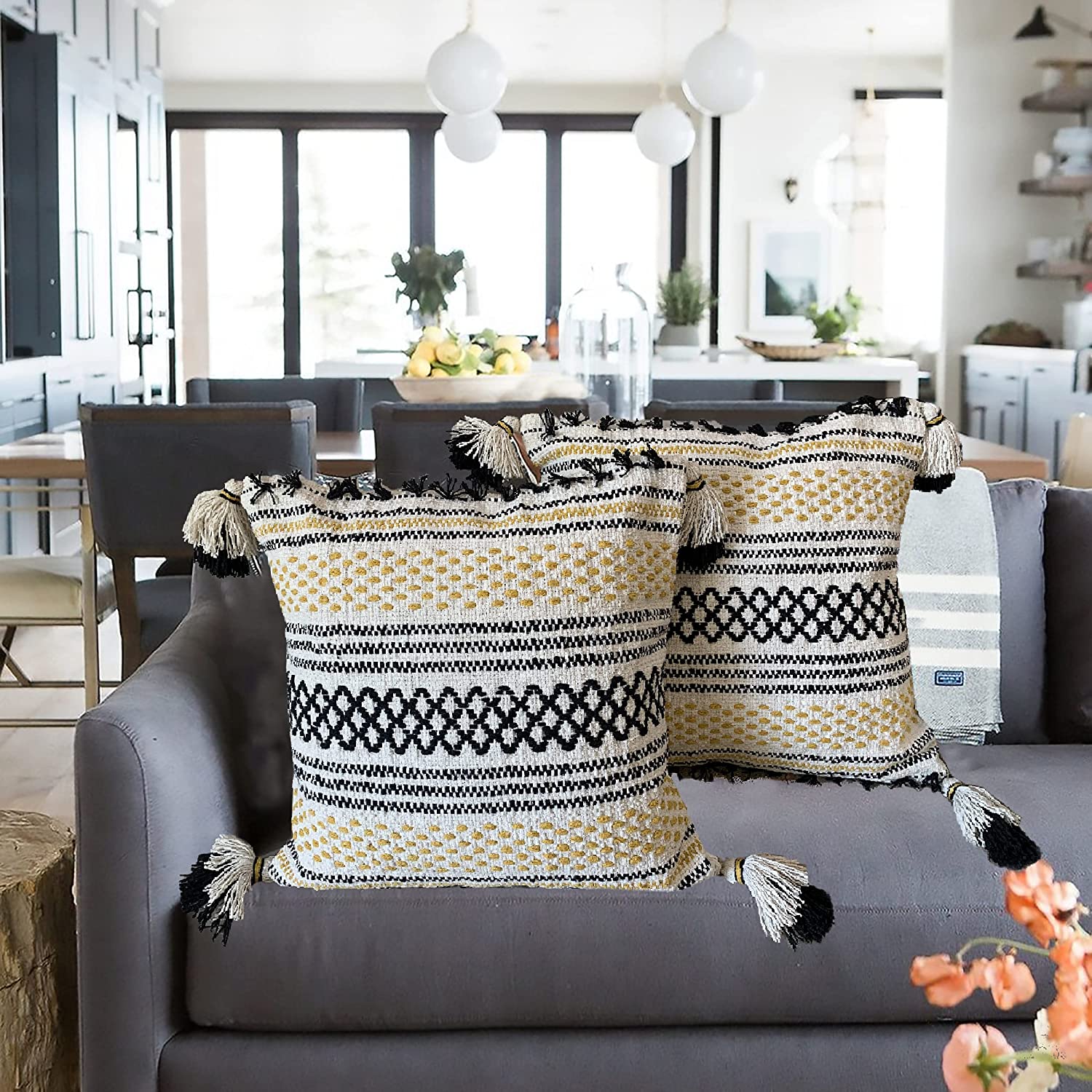 Nature4u Set of 2 Boho Throw Pillow Covers for Couch , 18 x 18 Inch Cotton Hand-Woven with Tassels - Image 7