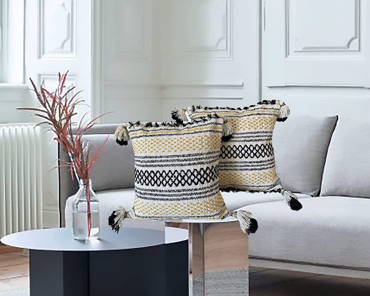 Nature4u Set of 2 Boho Throw Pillow Covers for Couch , 18 x 18 Inch Cotton Hand-Woven with Tassels - Image 3
