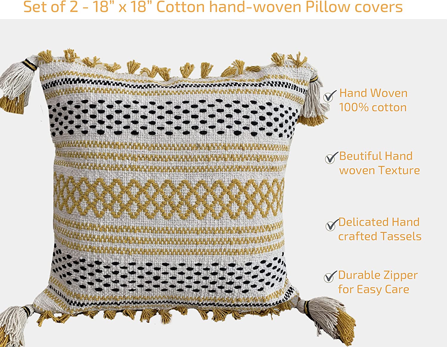 Nature4u Set of 2 Boho Throw Pillow Covers for Couch , 18 x 18 Inch Cotton Hand-Woven with Tassels - Image 9