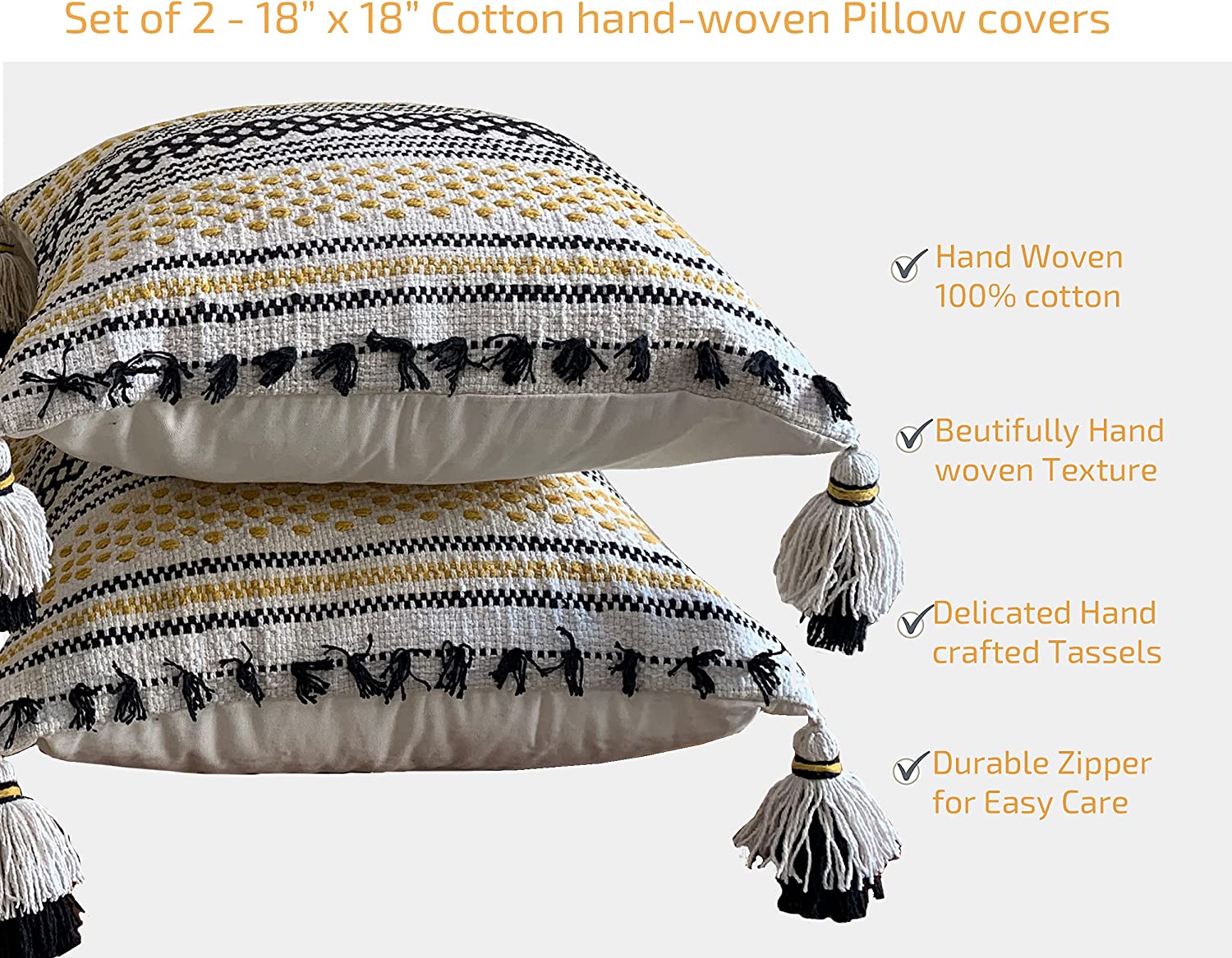 Nature4u Set of 2 Boho Throw Pillow Covers for Couch , 18 x 18 Inch Cotton Hand-Woven with Tassels - Image 2