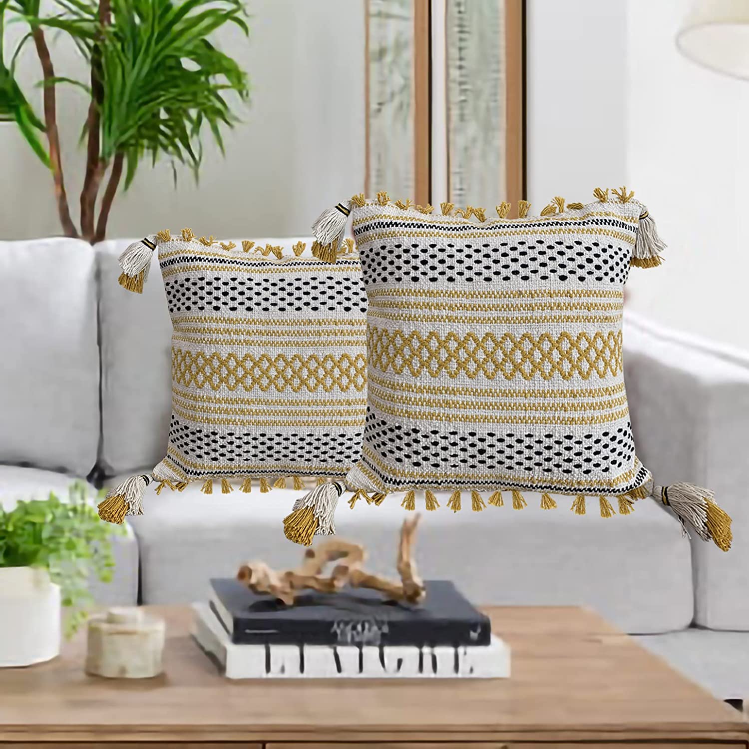 Nature4u Set of 2 Boho Throw Pillow Covers for Couch , 18 x 18 Inch Cotton Hand-Woven with Tassels - Image 8