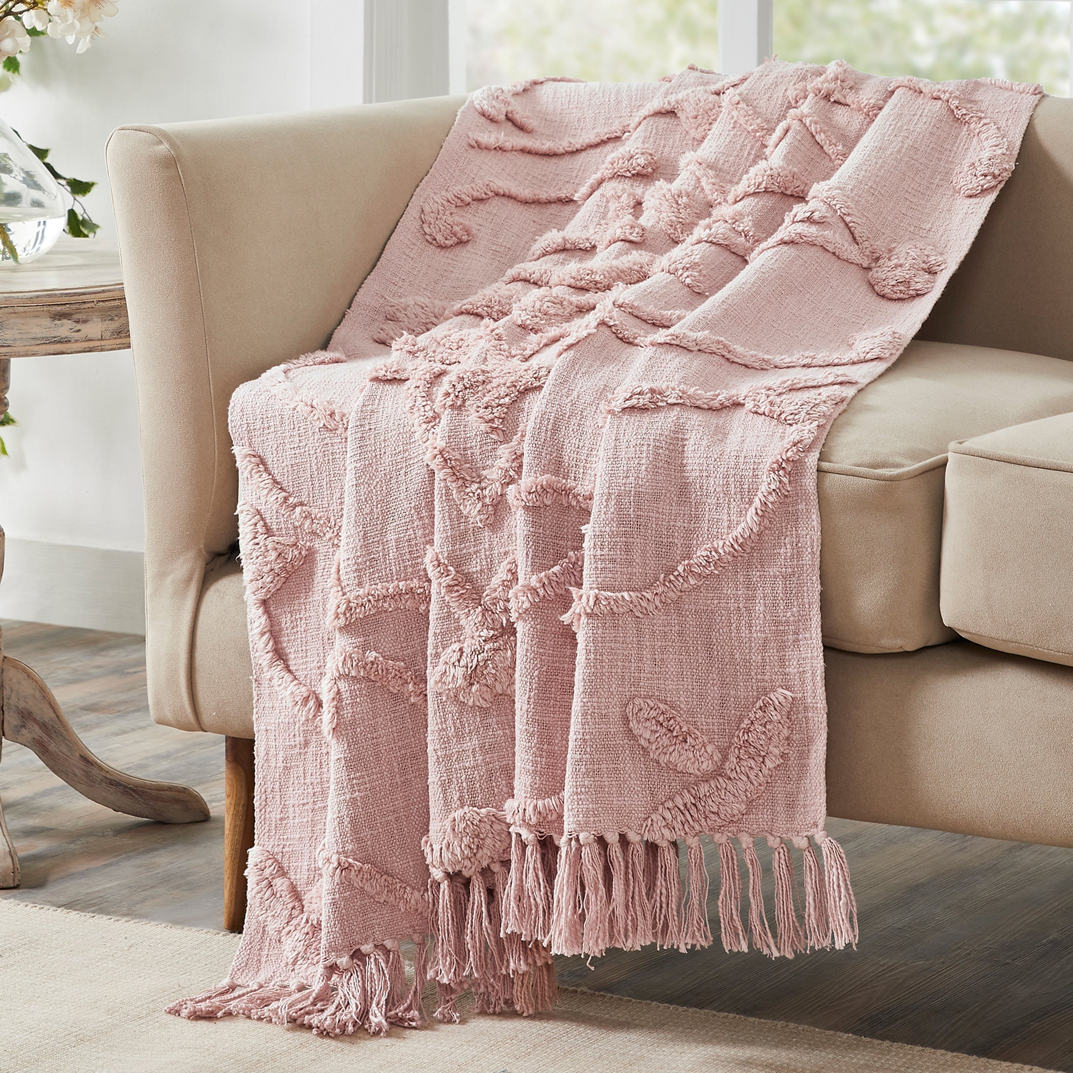 Nature4uTufted Medallion Solid Cotton tufted Throw, 50 x 60, Blush,Blue, Off white