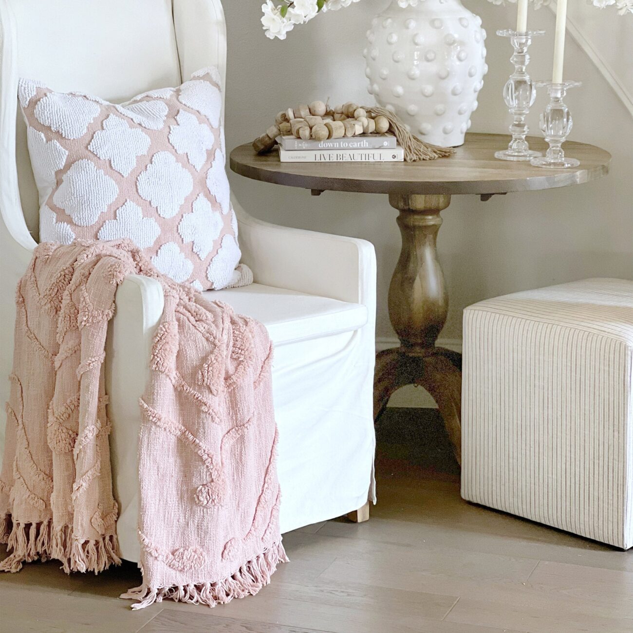 Nature4uTufted Medallion Solid Cotton  tufted Throw, 50 x 60, Blush,Blue, Off white - Image 4