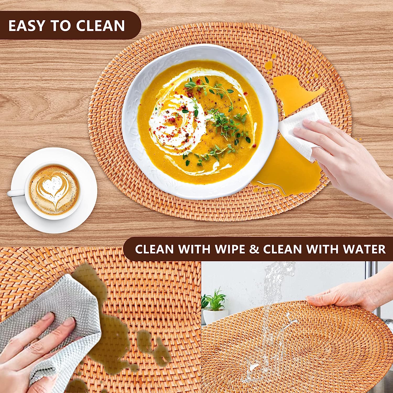 Rattan Placemats , Round Hand Woven Rattan Placemats for Dining Table 11.8in/30cm Set of 4 & 13 in set of 2 - Image 20