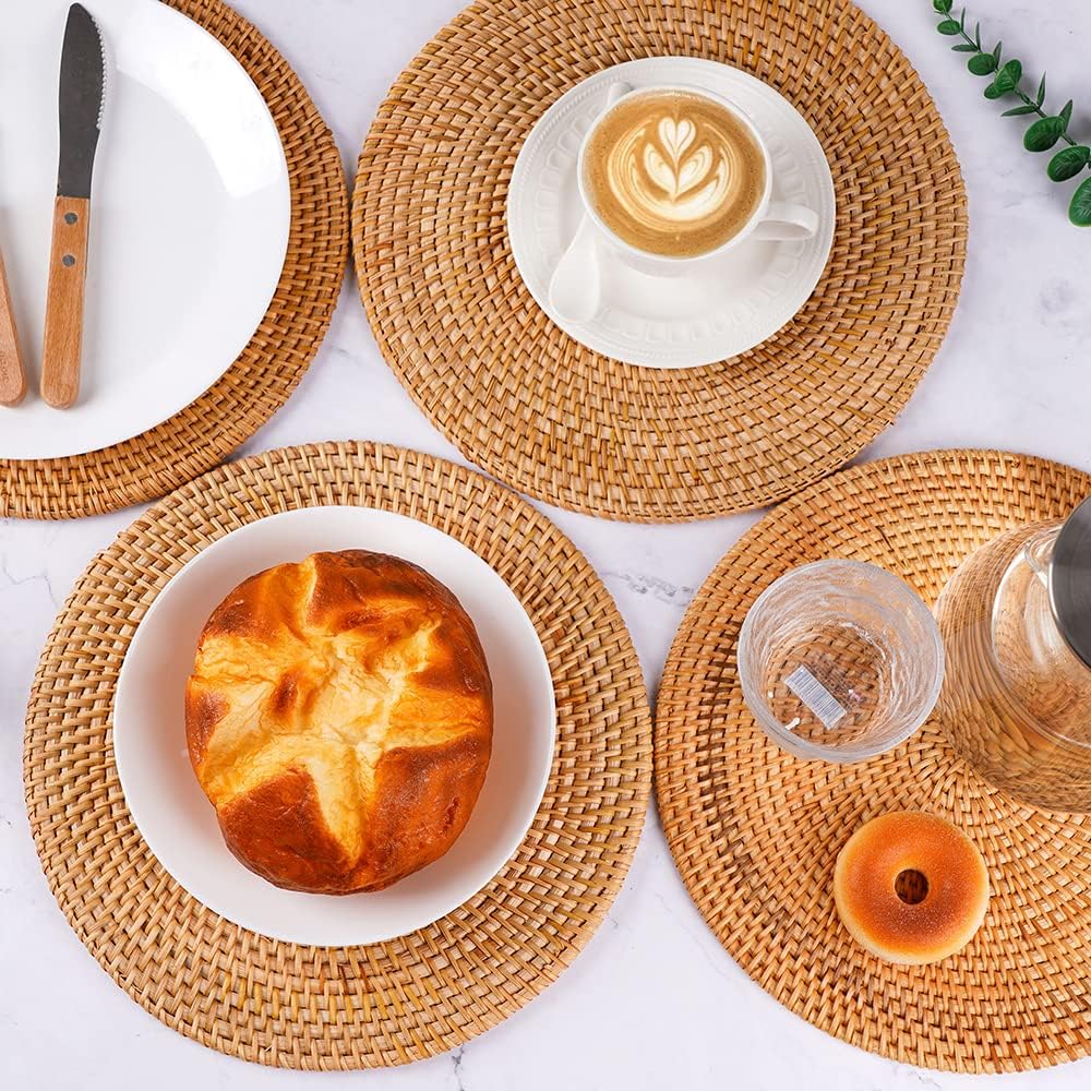 Rattan Placemats , Round Hand Woven Rattan Placemats for Dining Table 11.8in/30cm Set of 4 & 13 in set of 2 - Image 11