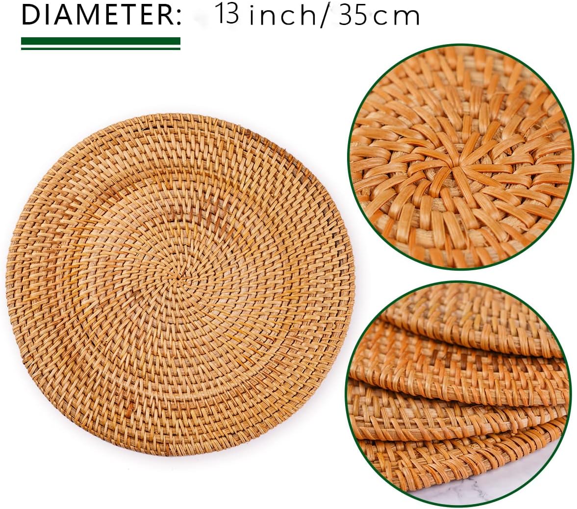 Rattan Placemats , Round Hand Woven Rattan Placemats for Dining Table 11.8in/30cm Set of 4 & 13 in set of 2 - Image 5